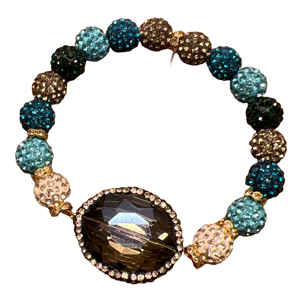 Pave crystal bead stretch bracelet with pave center stone